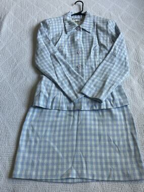 VTG Francine Browner Light Blue Gingham Tweed Suit Set Size M Blazer & Skirt
